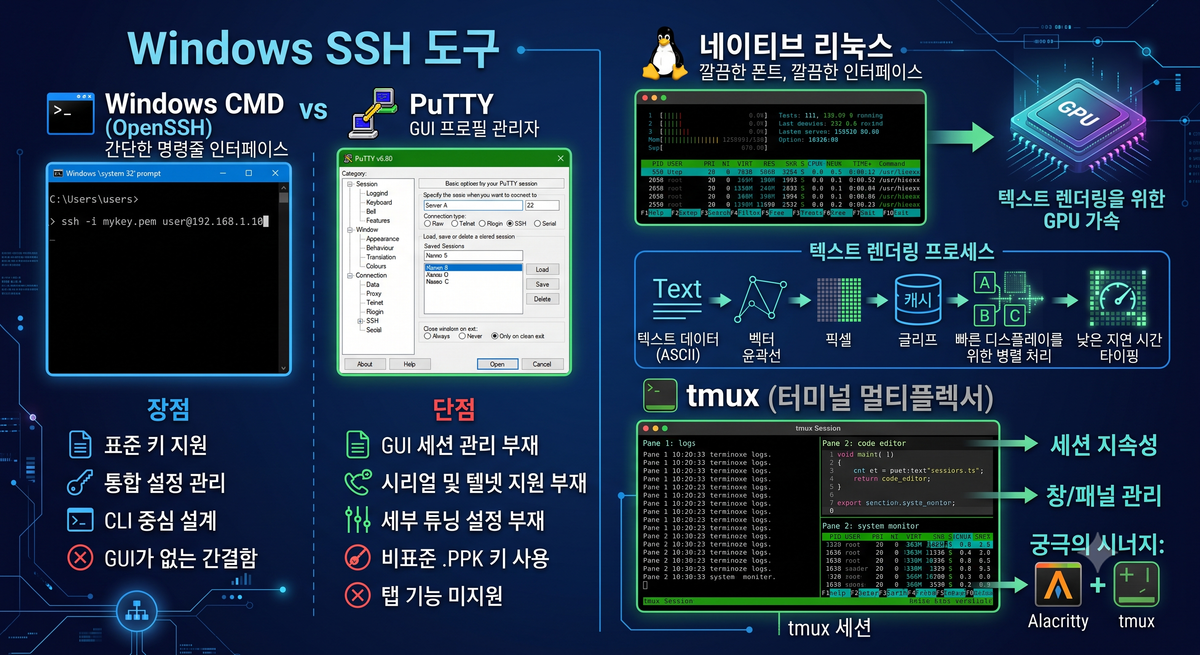 Windows SSH 접속 도구 비교부터 CLI 터미널 GPU 가속의 비밀, 그리고 tmux까지