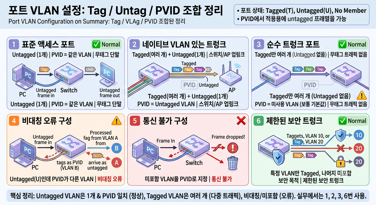 포트 VLAN 설정: Tag / Untag / PVID 조합 정리