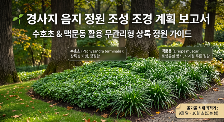 큰 나무 아래 경사지 정원 만들기 — 음지에 강한 무관리형 상록 지피식물 계획